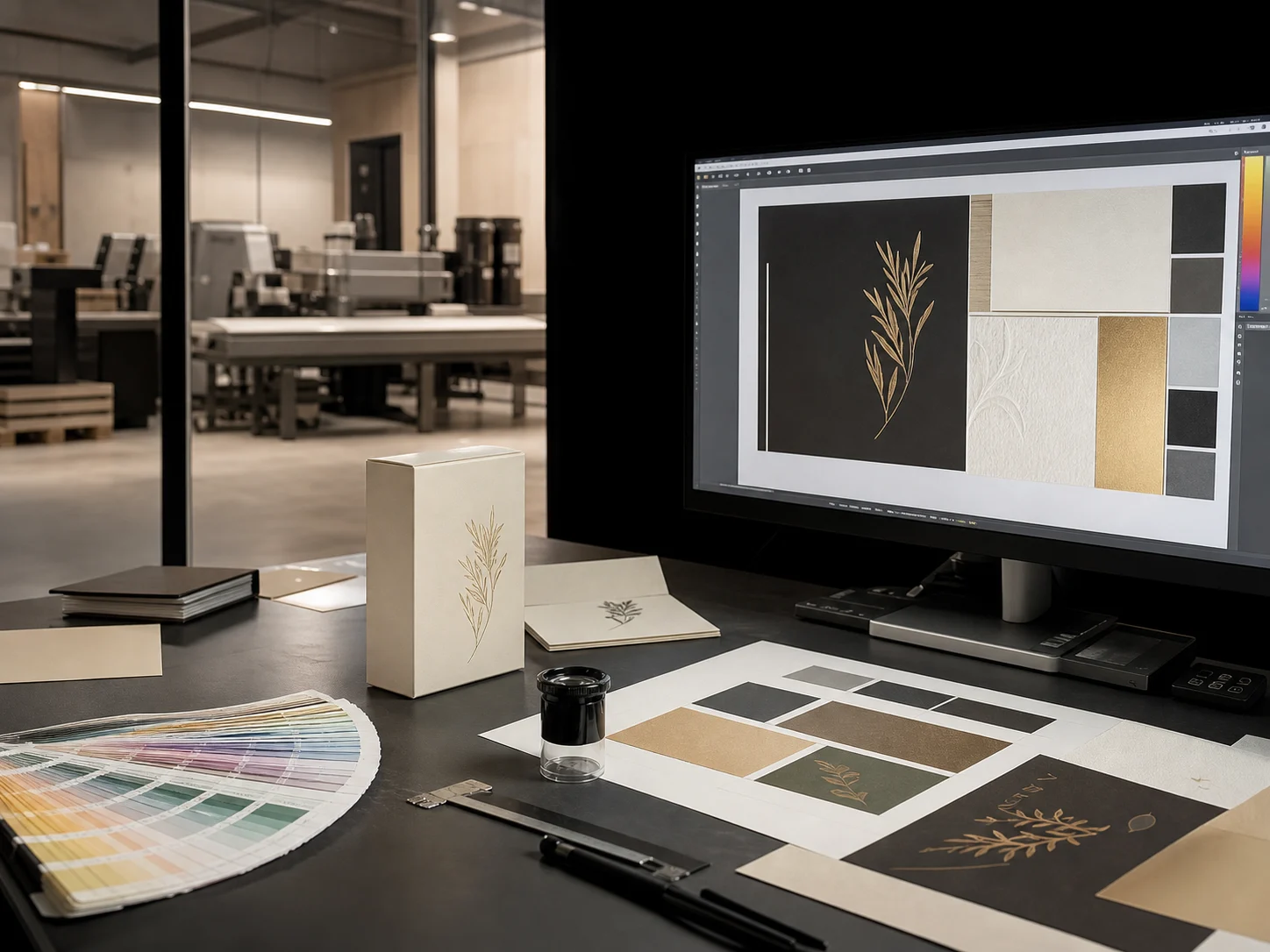Studio Actualtype con postazione di prestampa, campioni colore e packaging