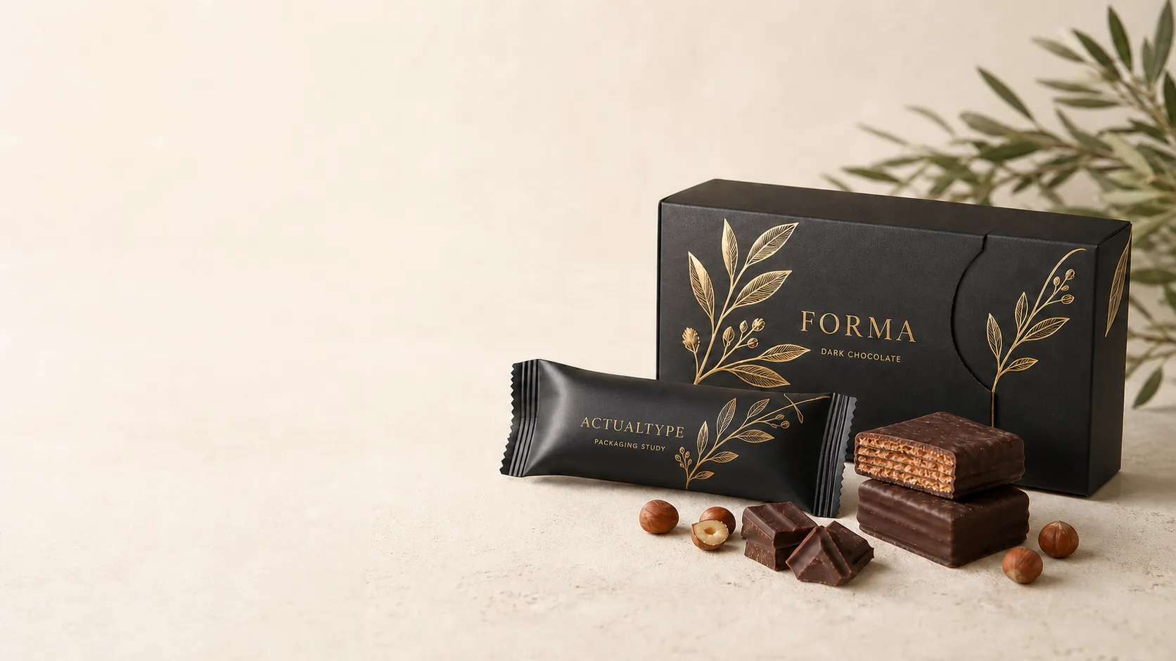 Mock-up Actualtype di confezione per wafer e cioccolato con testi di progetto