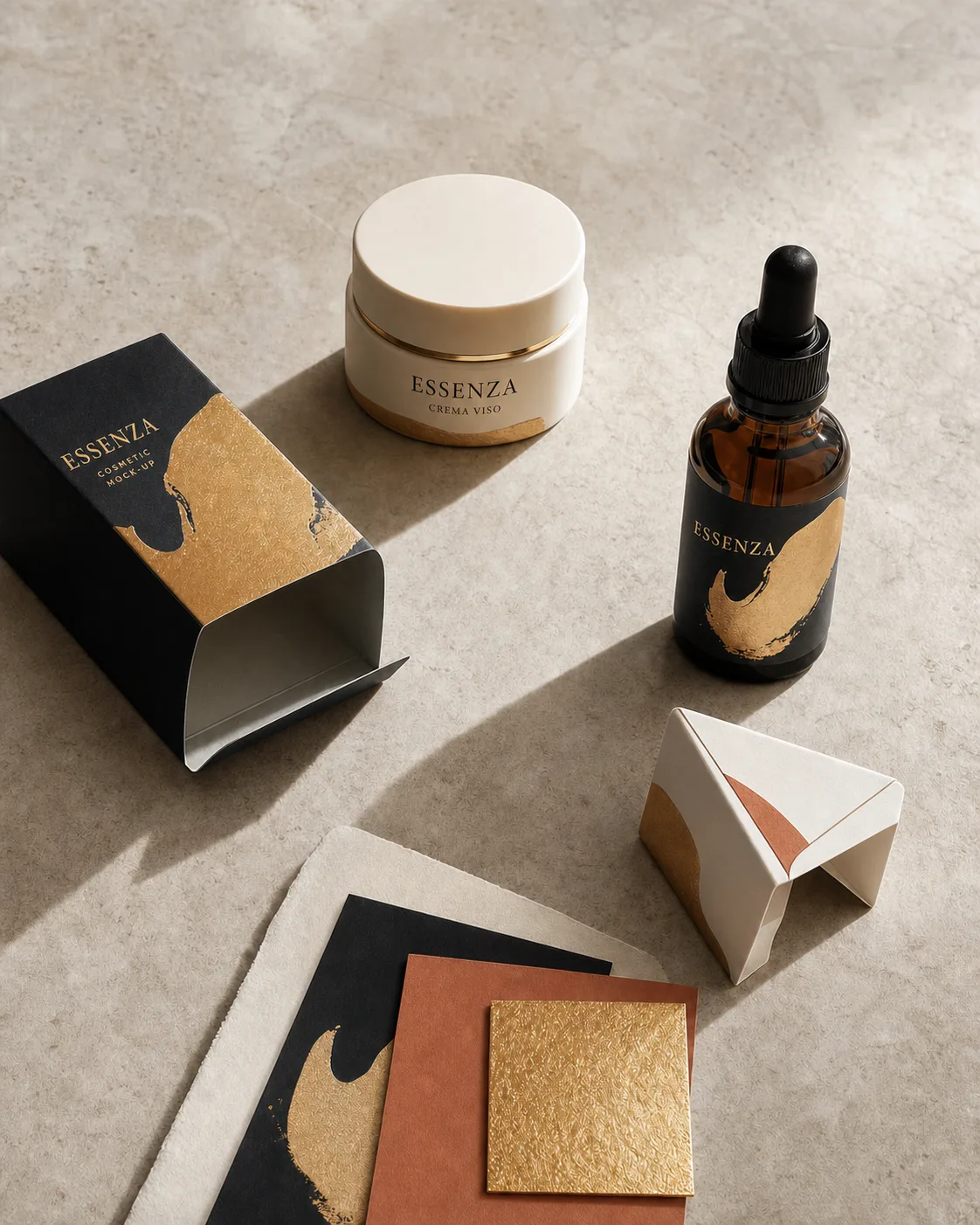 Studio di mock-up cosmetico Essenza con testi di progetto