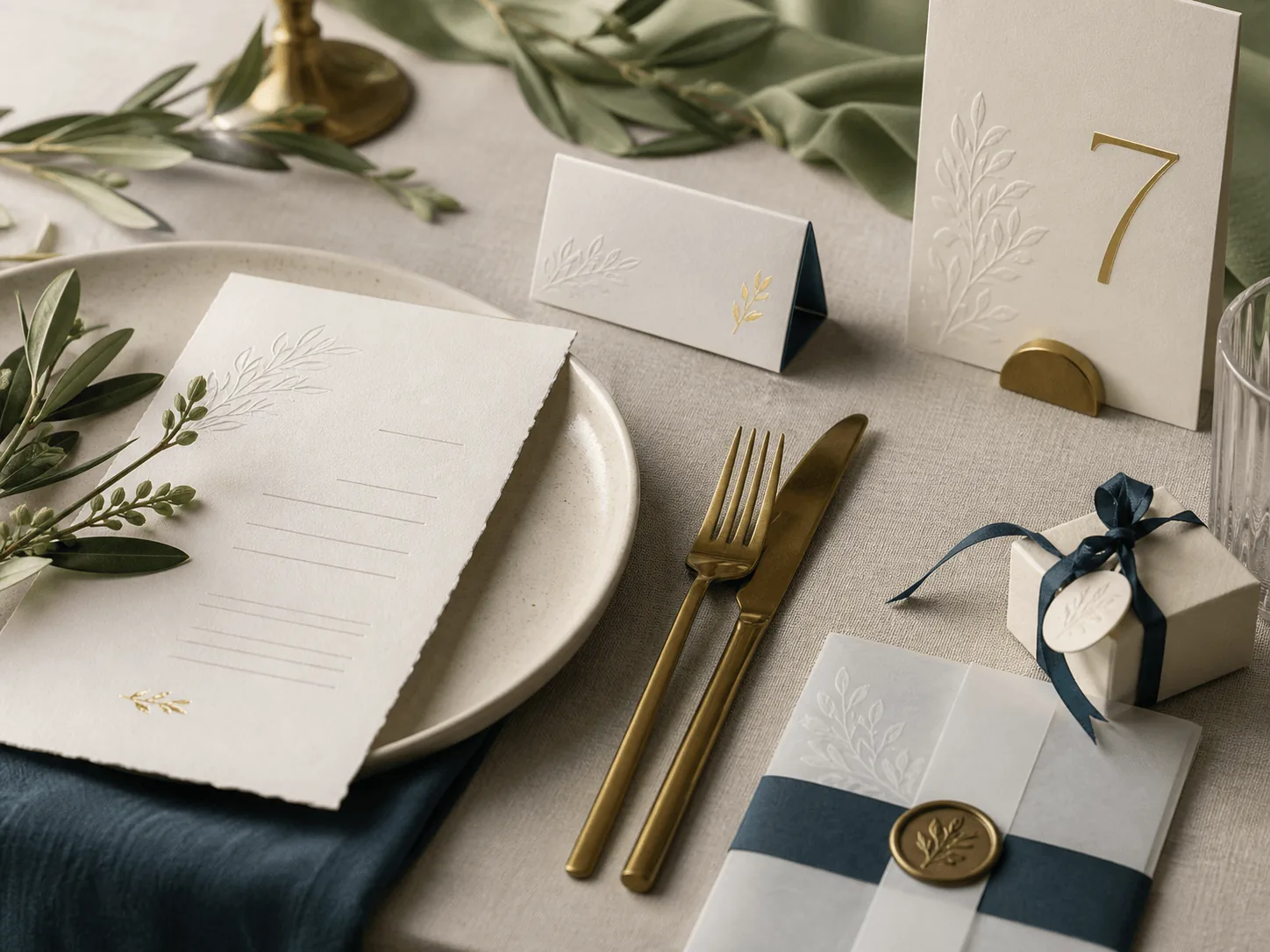 Tavola Wedding con menù, segnaposto, numero tavolo e bomboniera coordinati